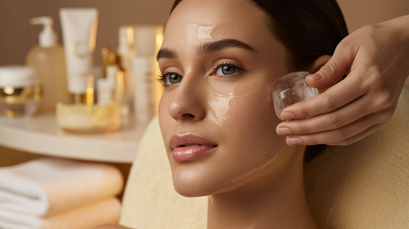 A woman receiving a facial treatment, relaxing on a spa bed with a serene expression and a therapist applying products.