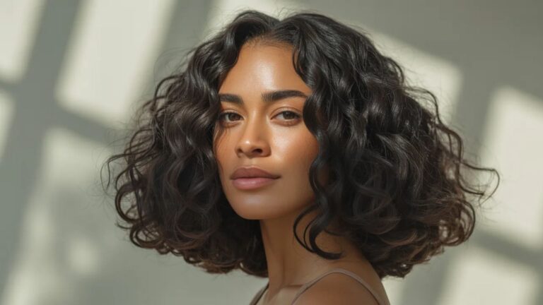 A woman with a chic curly bob, featuring defined curls that frame her face elegantly.