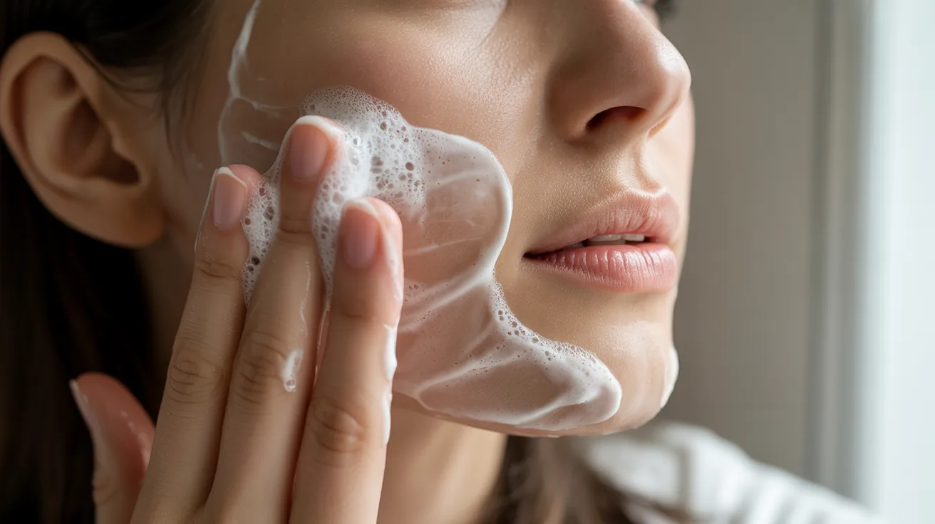 A woman applies foam cleanser to her face, demonstrating effective winter skin care tips for maintaining healthy skin.