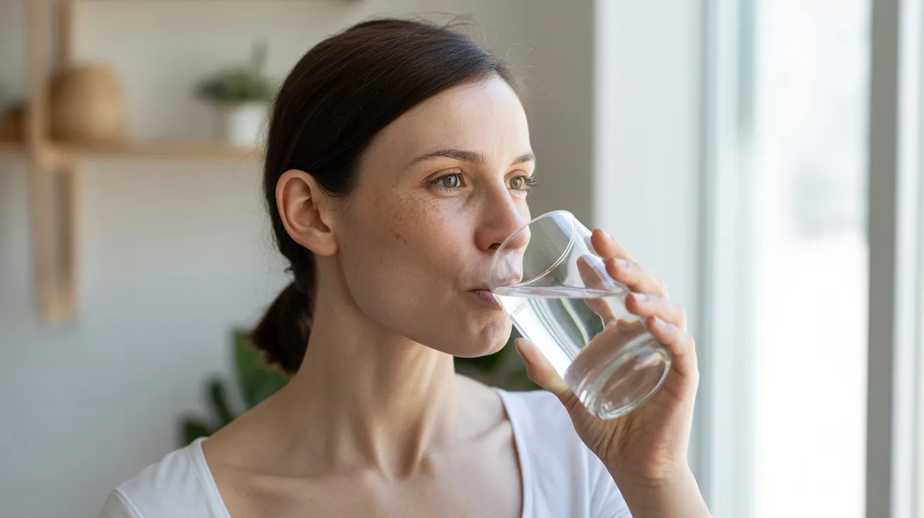 A woman sipping water from a glass, contemplating the effects of alcohol on skin health