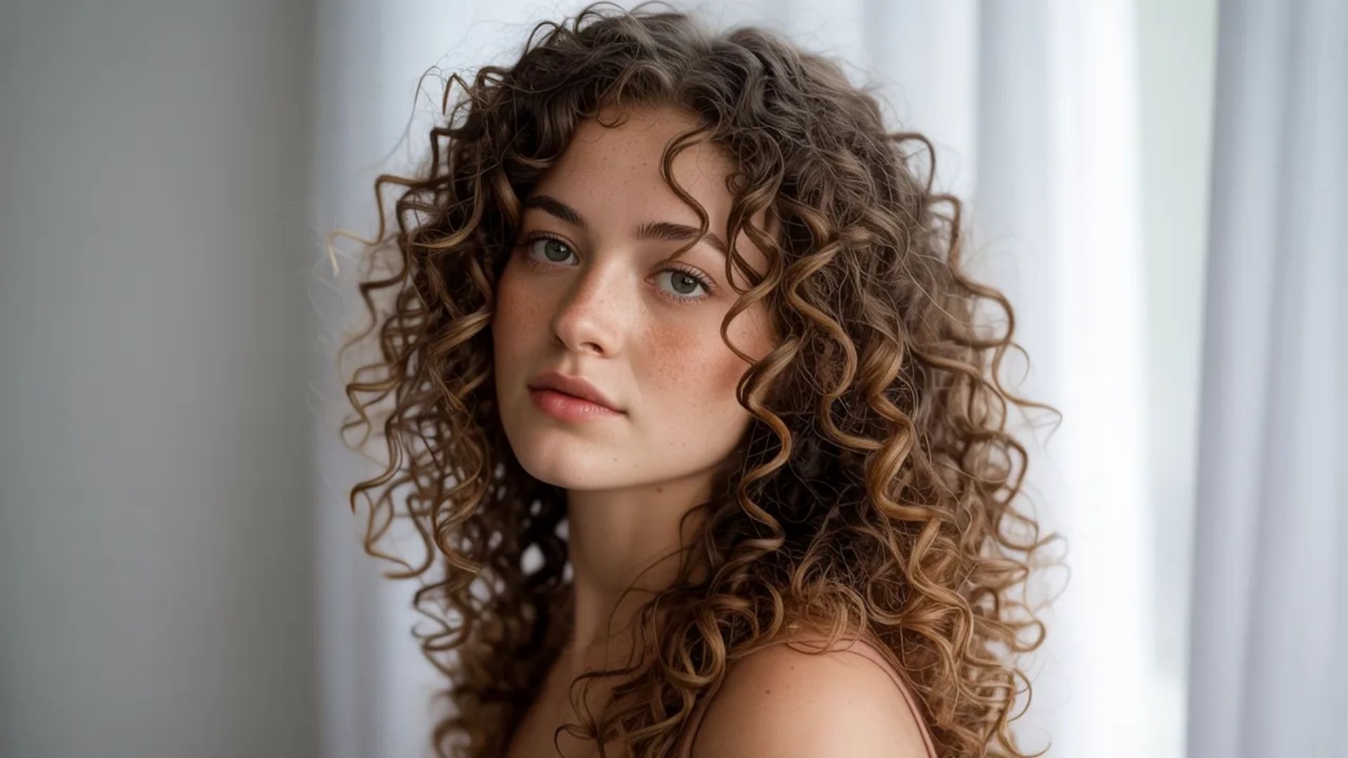 A woman with curly hair gazes at the camera, showcasing her natural curls and confident expression.