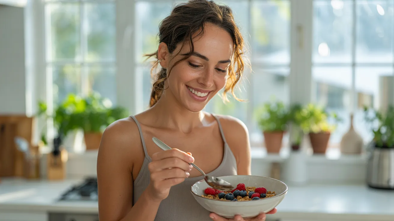 A smiling woman holds a bowl of colorful fruit, showcasing a healthy diet related to skin changes from a Candida diet.