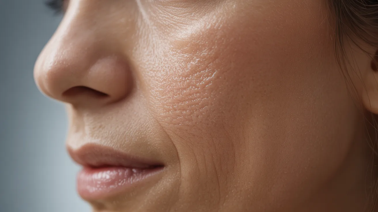 A close-up of a woman’s face showing wrinkles, emphasizing the texture of her skin and the appearance of her pores.