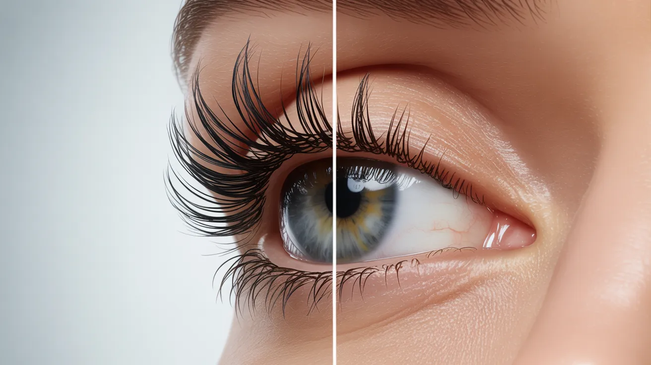 A close-up of a woman's eye showing the difference before and after applying lash extensions, highlighting enhanced length and volume.