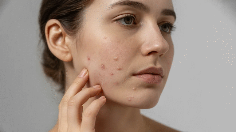 A woman with acne on her jawline, showcasing visible blemishes on her face.