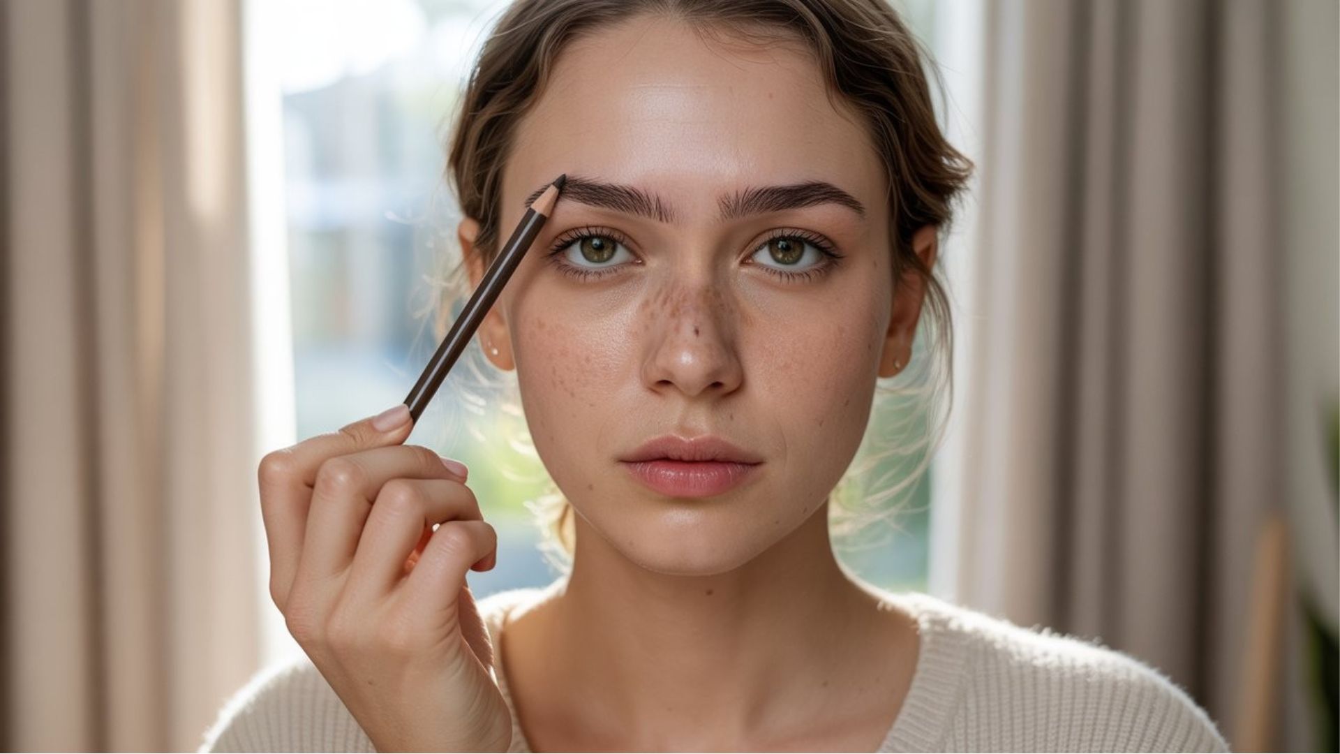 A woman applies makeup to her face using a brush, focusing on her cheekbones and eyes.