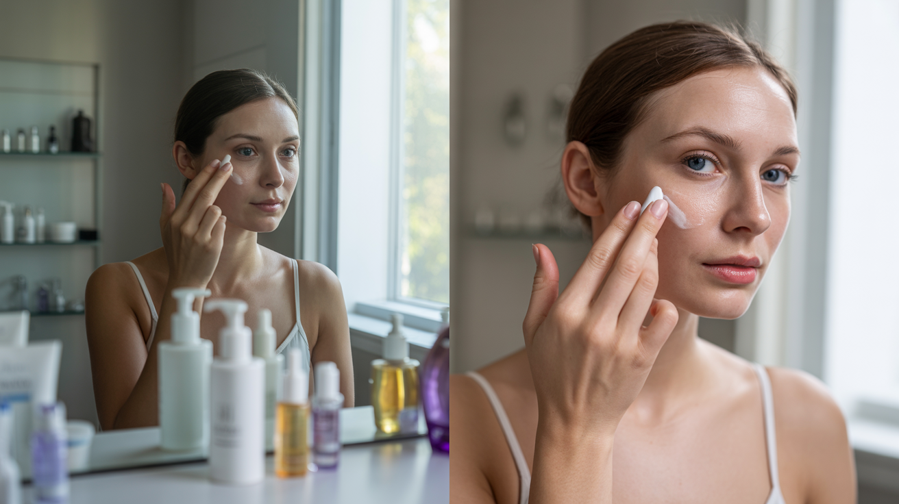 A woman applies cream to her face, demonstrating the correct skincare order with toner or serum first.