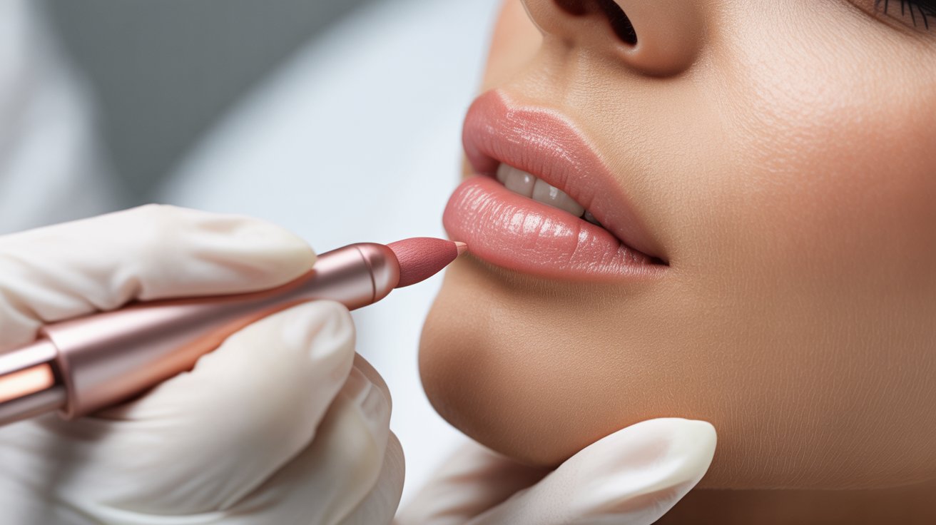 A woman receiving lip filler treatment, focused on enhancing her lips in a clinical setting.