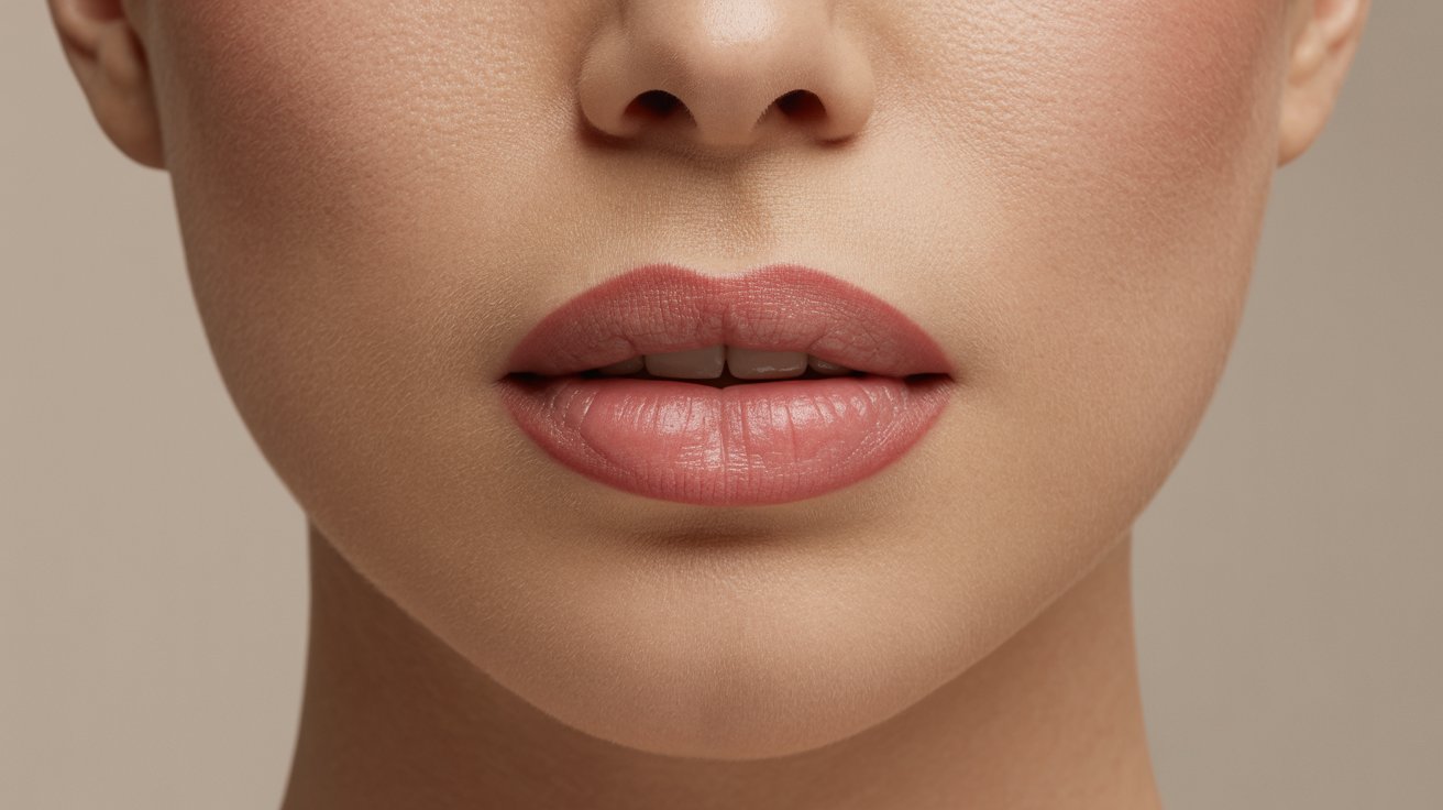 A close-up of a woman's face featuring smooth skin and vibrant pink lips.