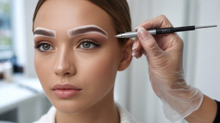 A woman sitting in a salon chair while a beautician shapes her eyebrows with tweezers.