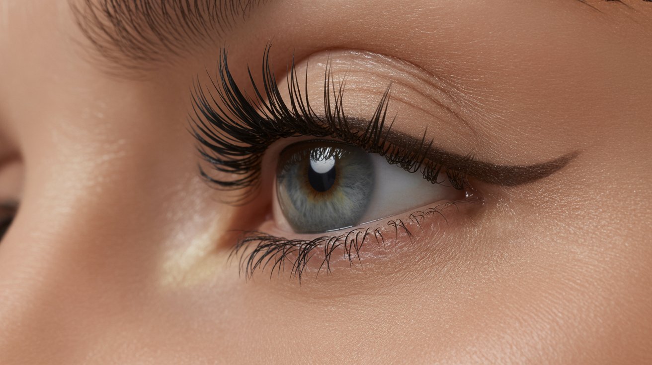 A close-up of a woman's eye showcasing long, elegant eyelashes against a soft background.