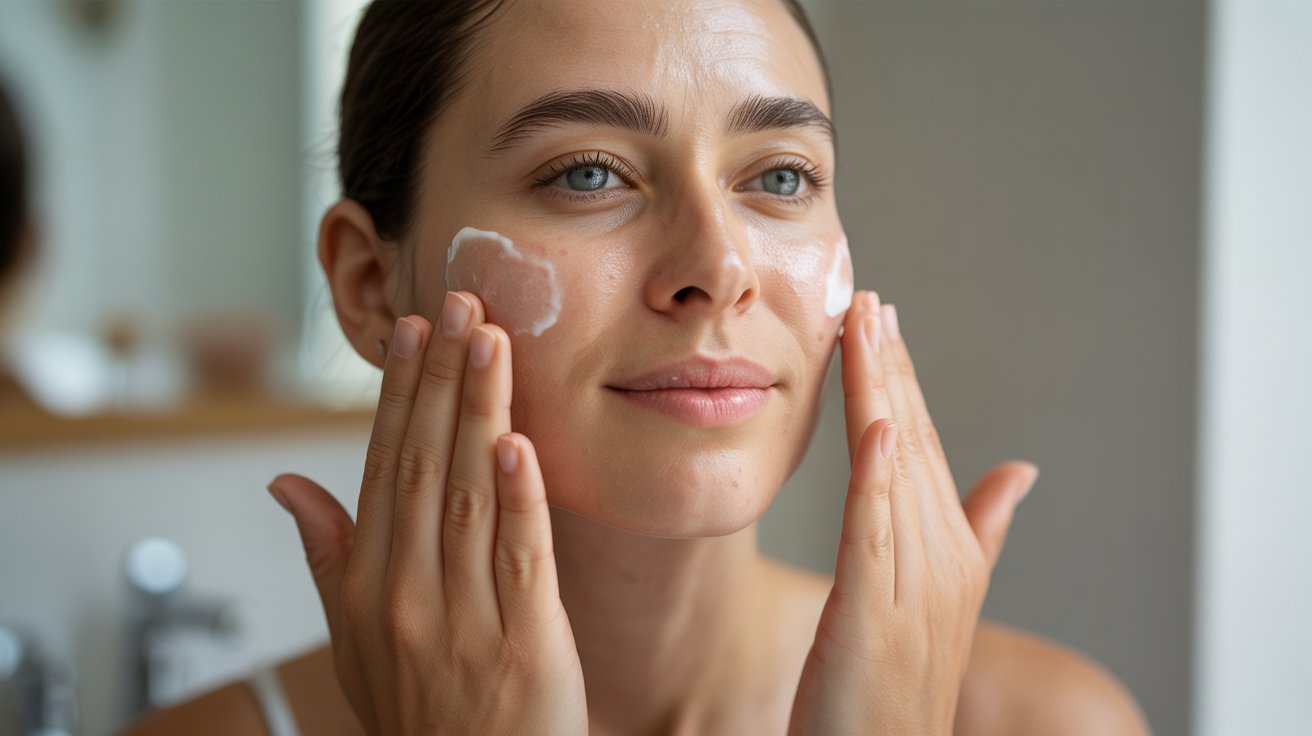 A woman gently applies cream to her face, focusing on skincare in a well-lit bathroom setting.