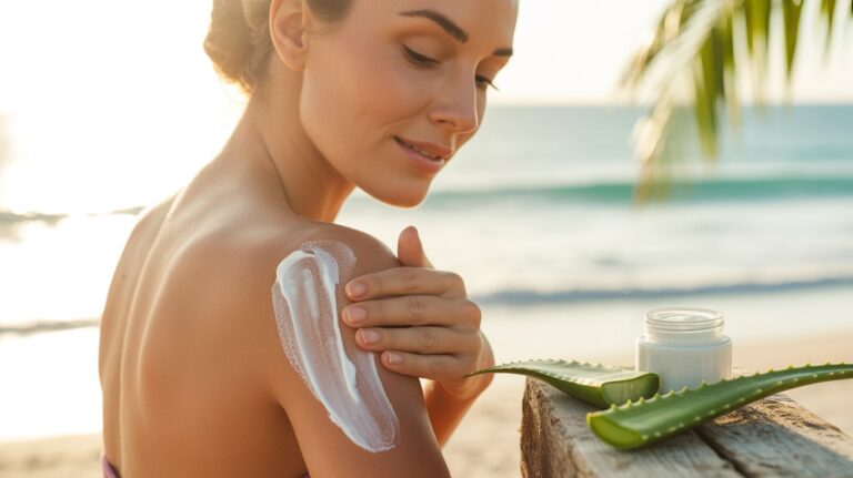 A woman applies aloe vera on her arm, promoting hydration and skin health with a body lotion.