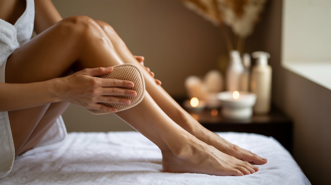 A woman is having her legs shaved while wrapped in a spa towel, showcasing a relaxing beauty treatment.