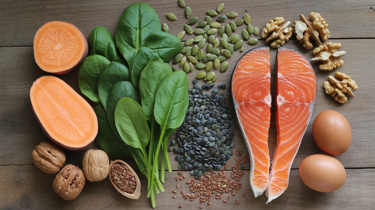 A colorful assortment of heart-healthy foods, including fruits, vegetables, nuts, and whole grains on a wooden table.