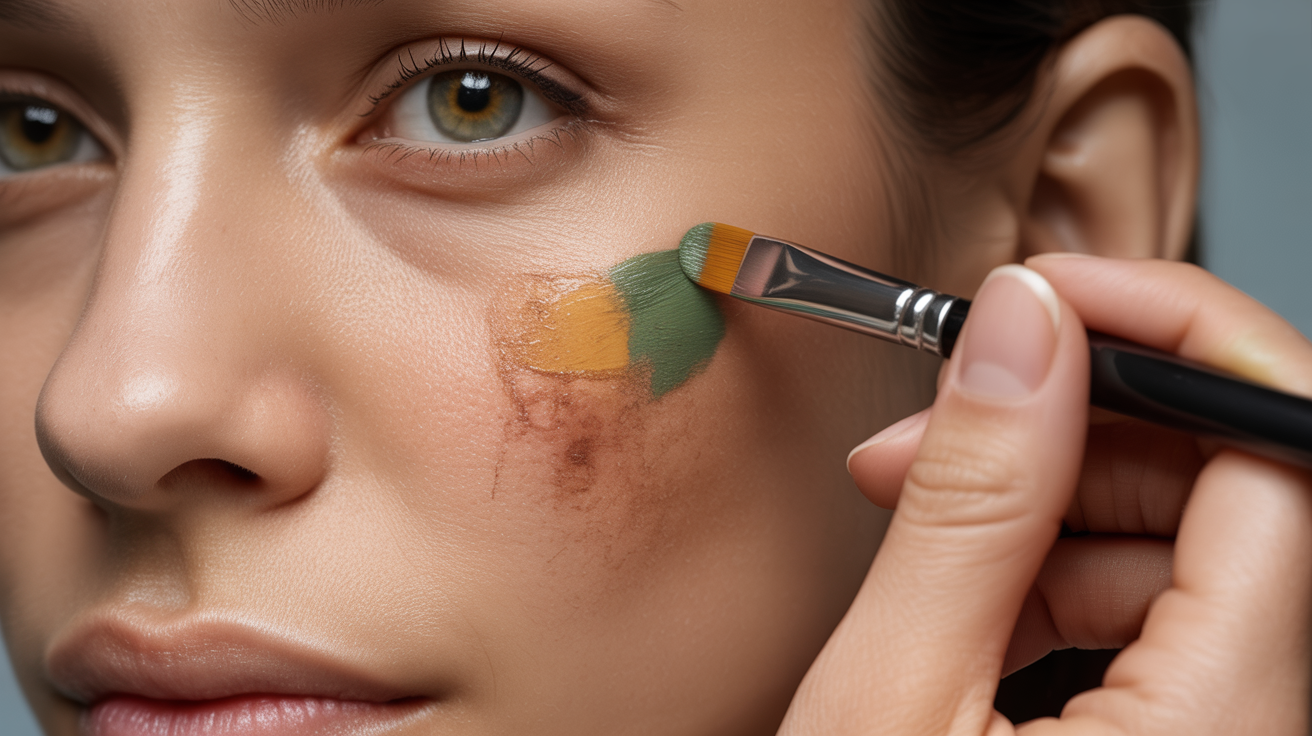 A woman applies makeup to her face using a brush, focusing on enhancing her features with precision.