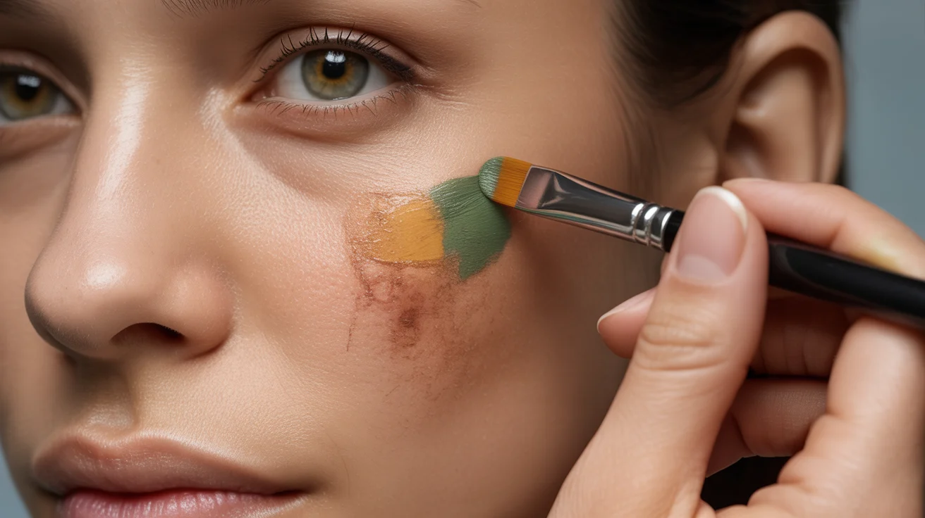 A woman applies makeup to her face using a brush, focusing on enhancing her features with precision.