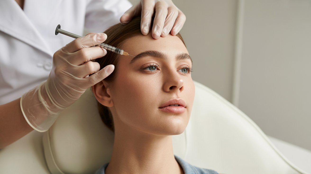 A woman receiving eyebrow shaping from a doctor in a clinical setting.