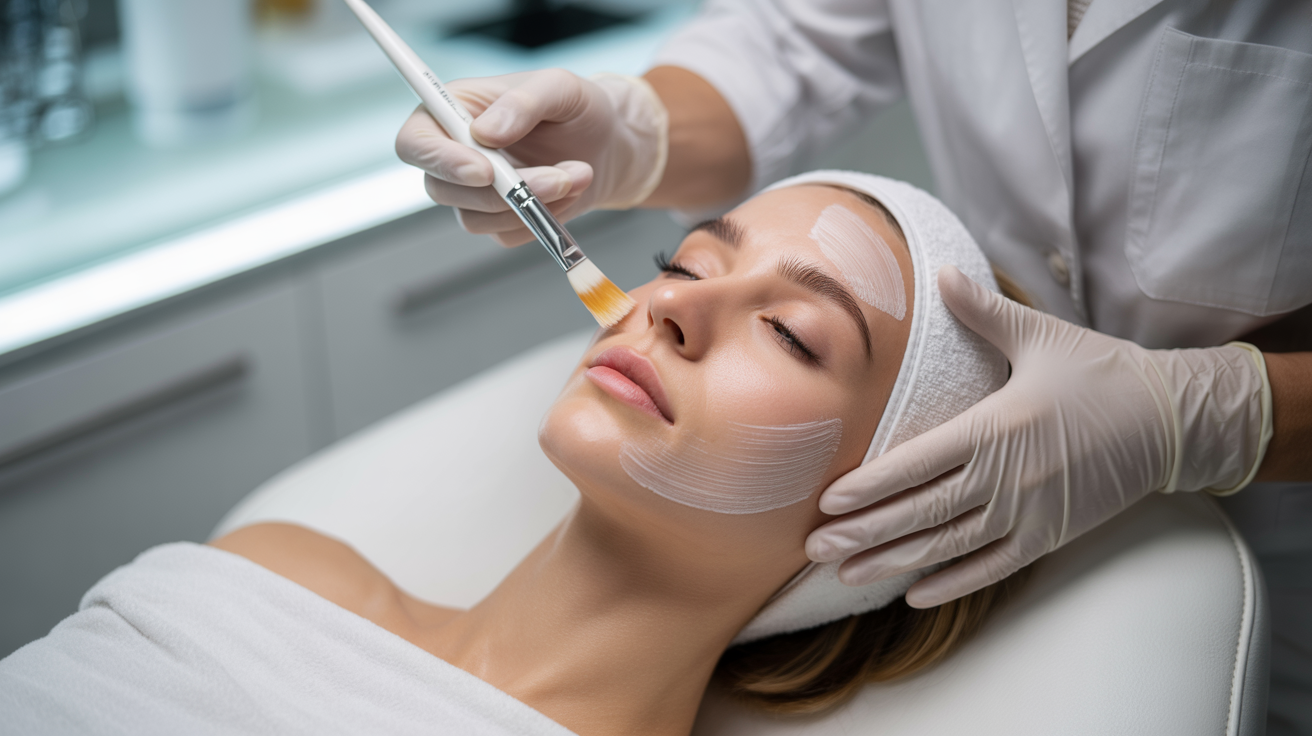 A woman receiving a facial treatment, relaxing on a spa bed with a serene expression and a therapist applying products.