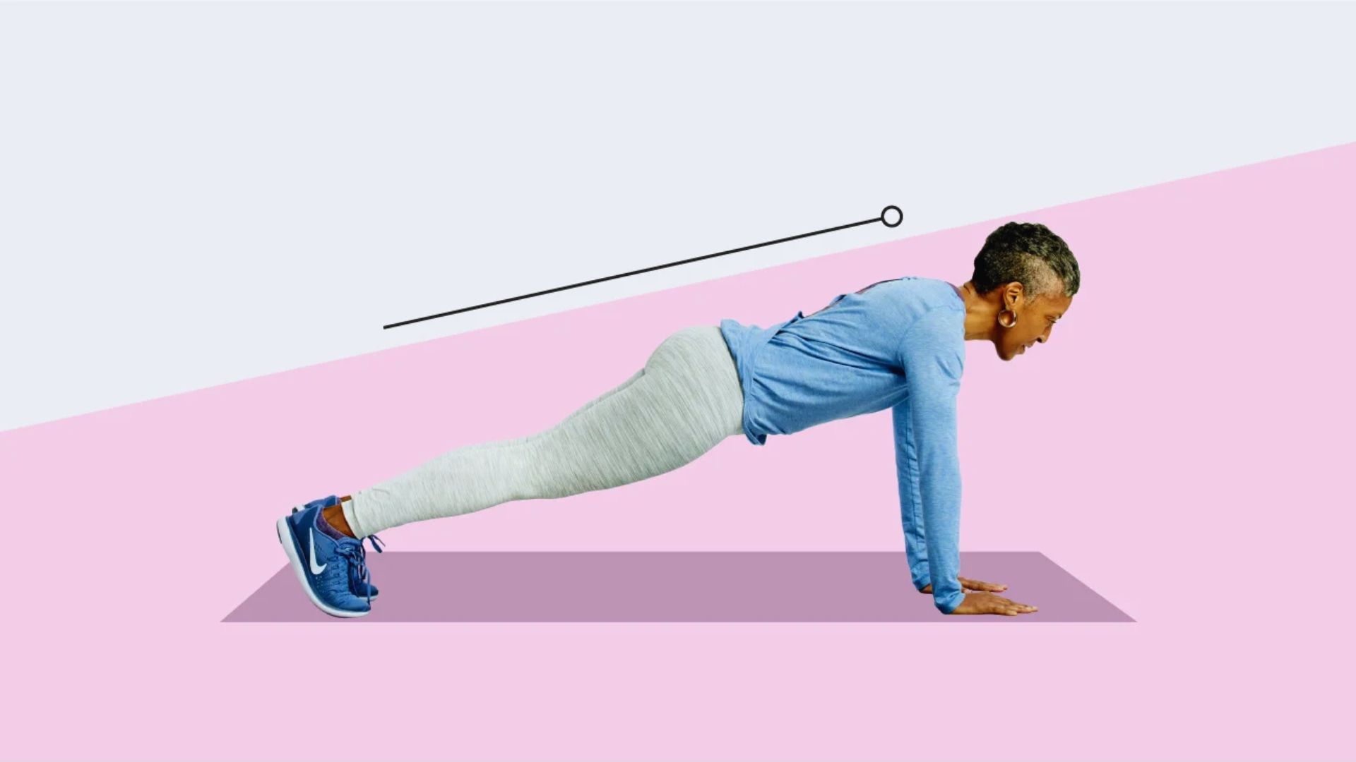 A woman performs a plank exercise against a vibrant pink background, showcasing her strength and focus.