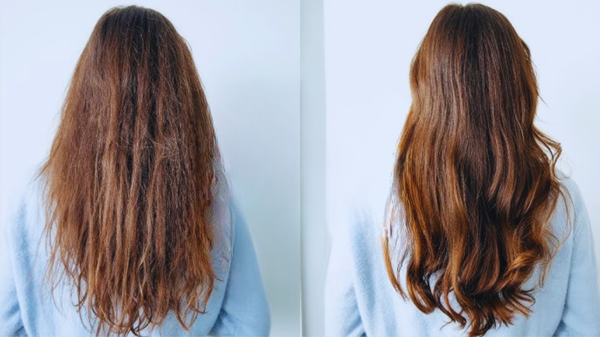 Before and after photos of a woman showcasing her transformation with long hair, highlighting a significant style change.