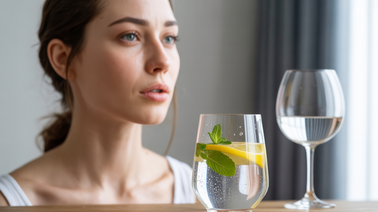 A woman observes a refreshing glass of water garnished with lemon slices and mint leaves.