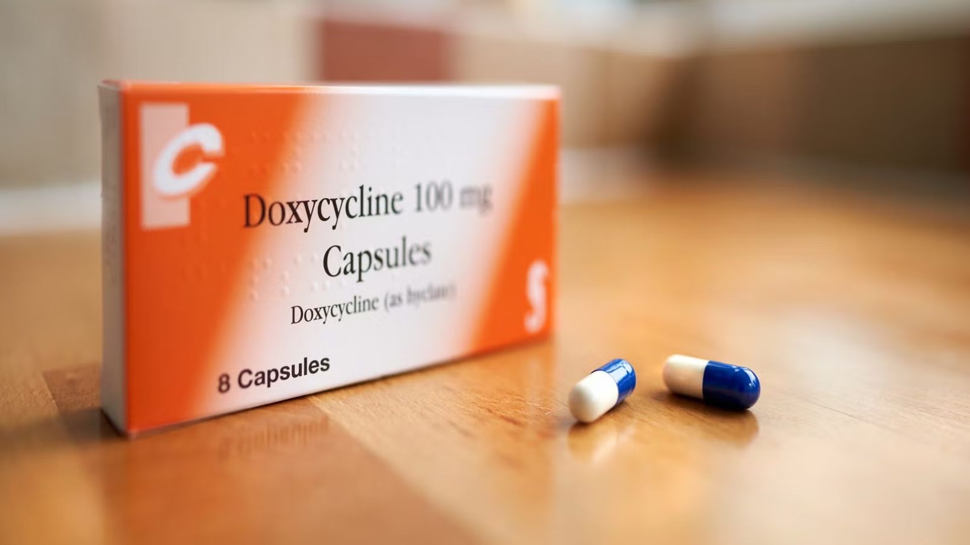 A box of Doxycycline tablets displayed on a table, indicating a medication for pain relief.
