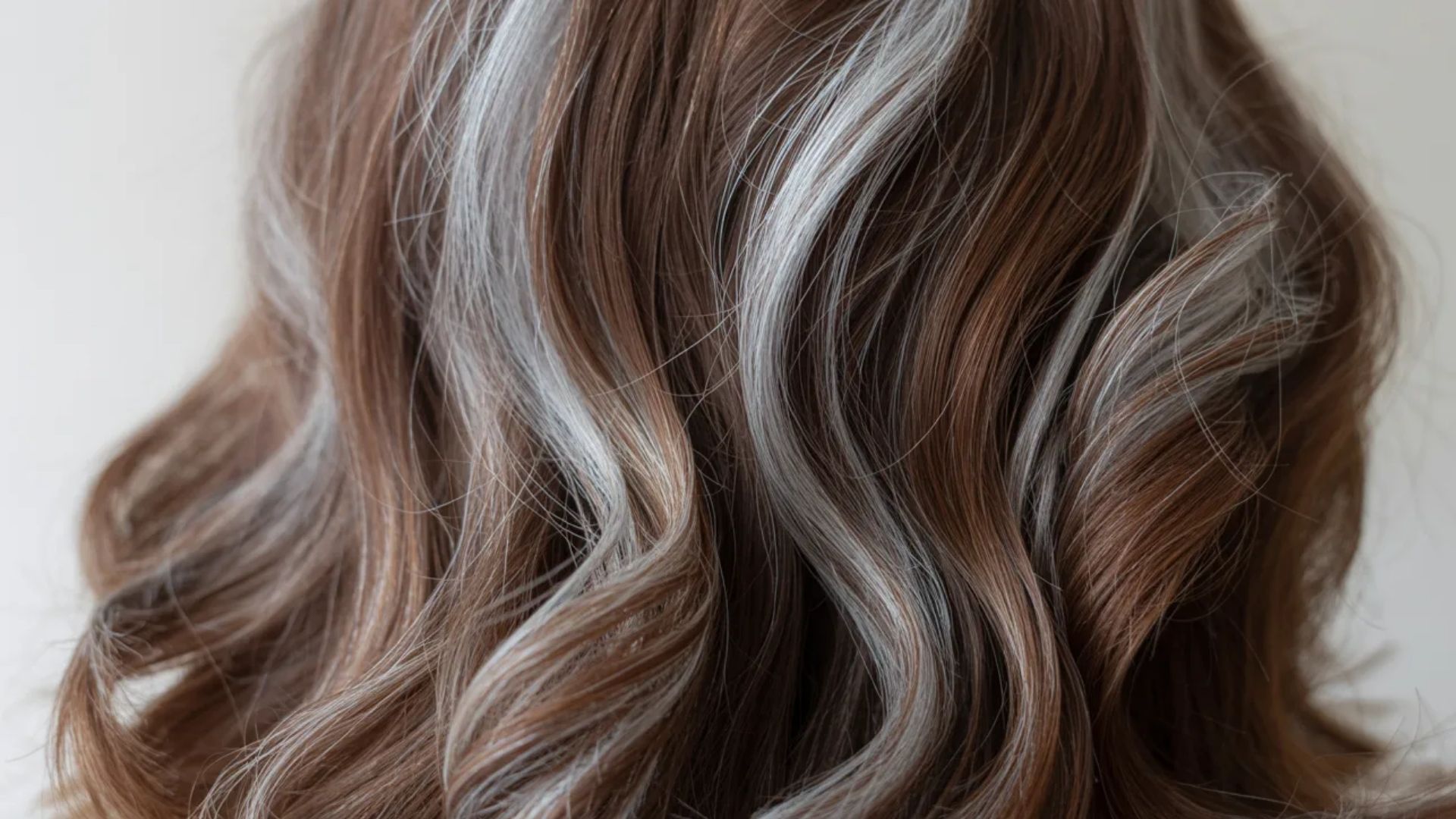 A woman with long, wavy hair featuring gray highlights, elegantly styled and cascading over her shoulders.