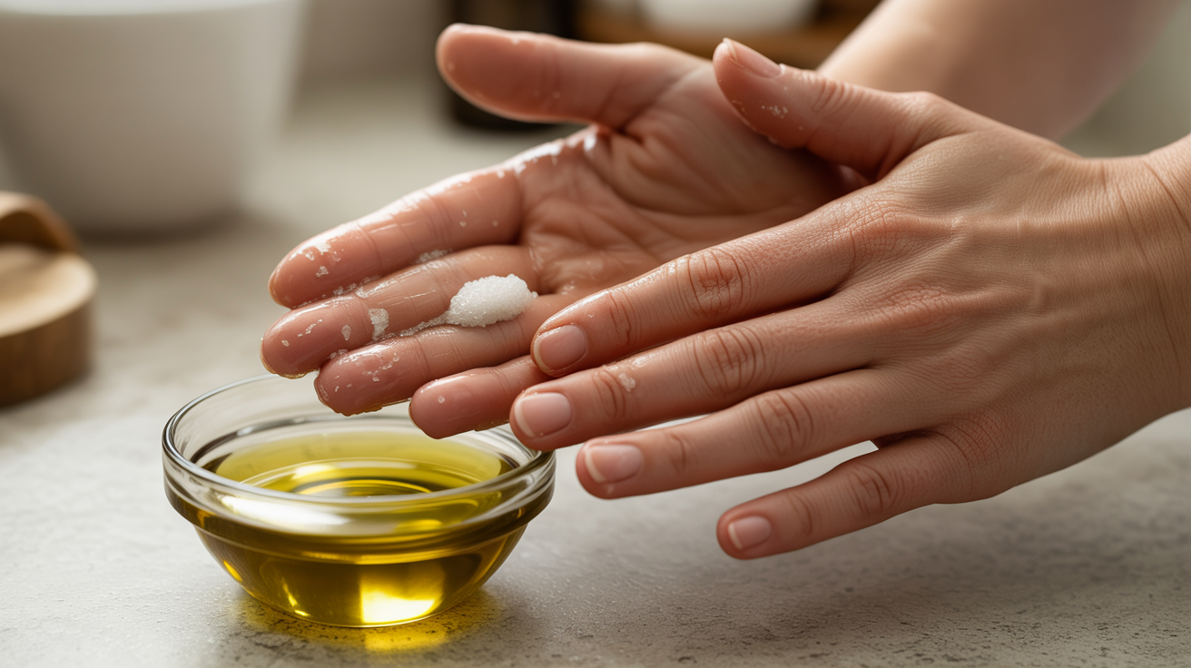 A person washing their hands with olive oil, emphasizing a natural and moisturizing hand-cleaning method.