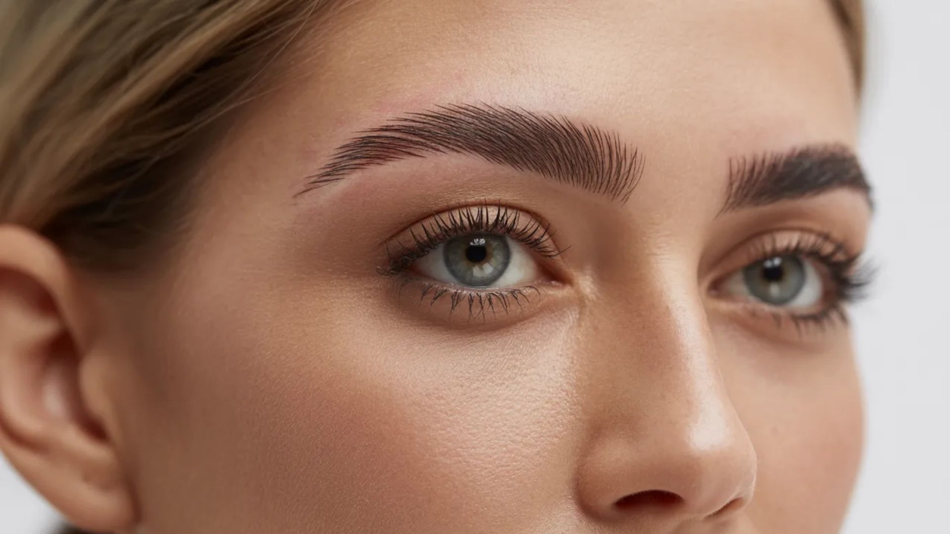 A woman with brown eyes, emphasizing her well-defined microbladed eyebrow, which is the focal point of the image.