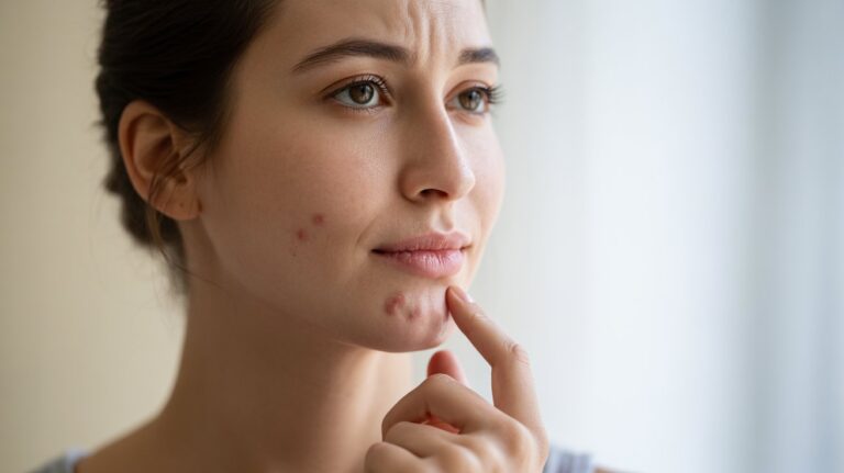 A woman with visible acne on her face, showcasing her natural skin texture and features.