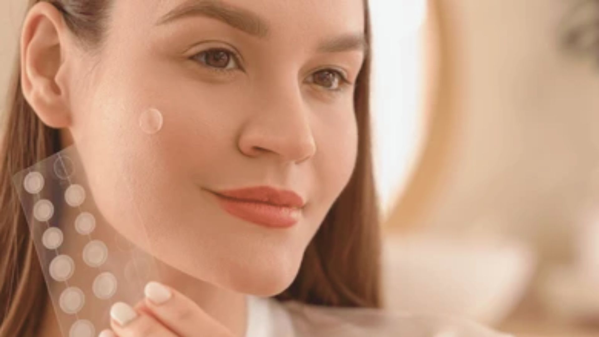A woman applies a pimple patch on her cheek.