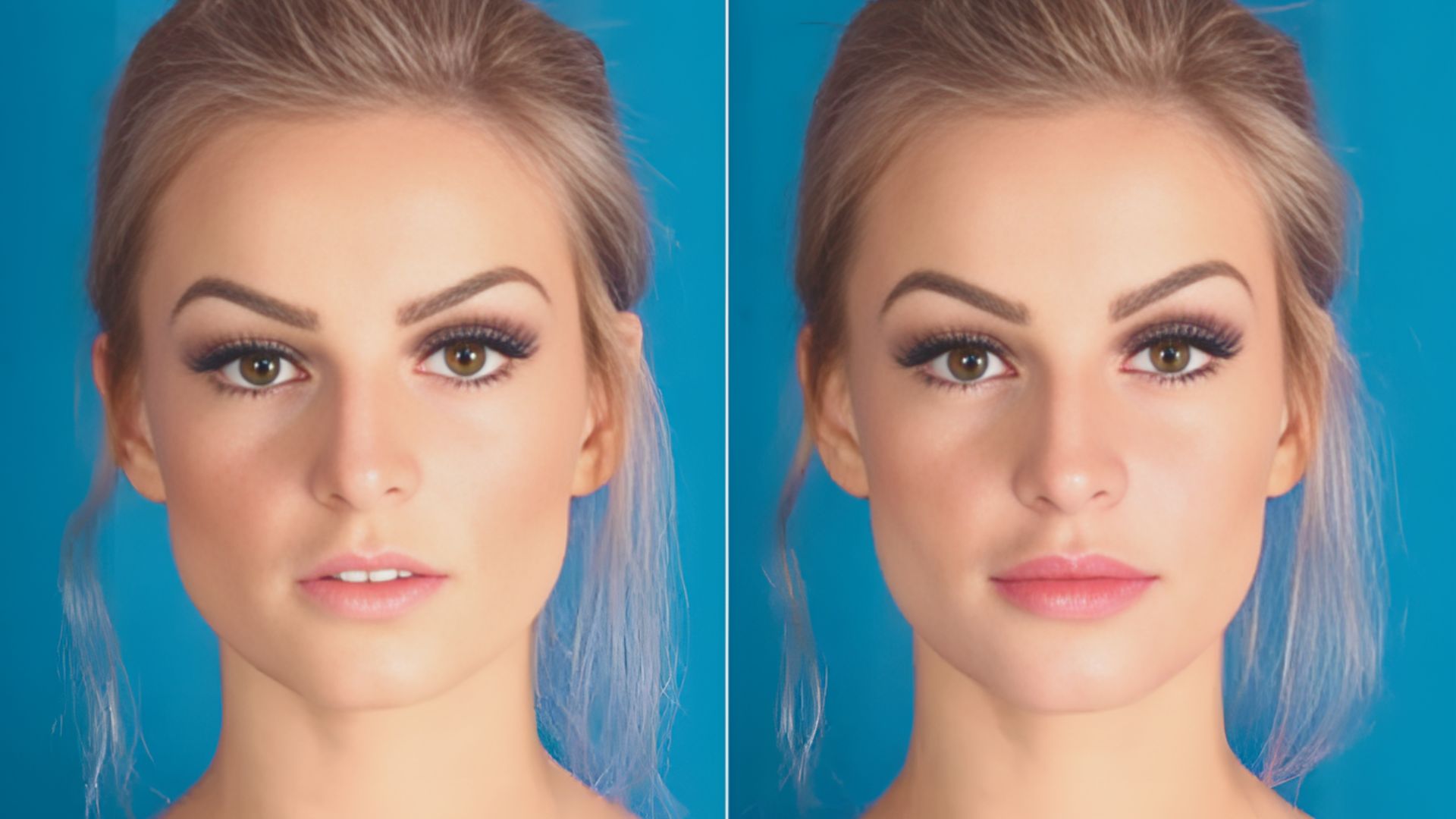 A woman showcasing various makeup styles on her face, highlighting different colors and techniques.