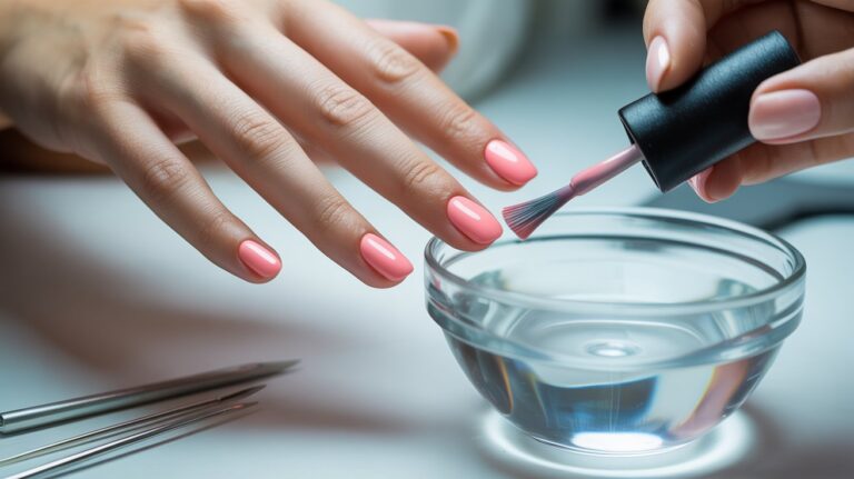 A woman carefully applies bright red nail polish to her fingernails, focusing intently on her task.