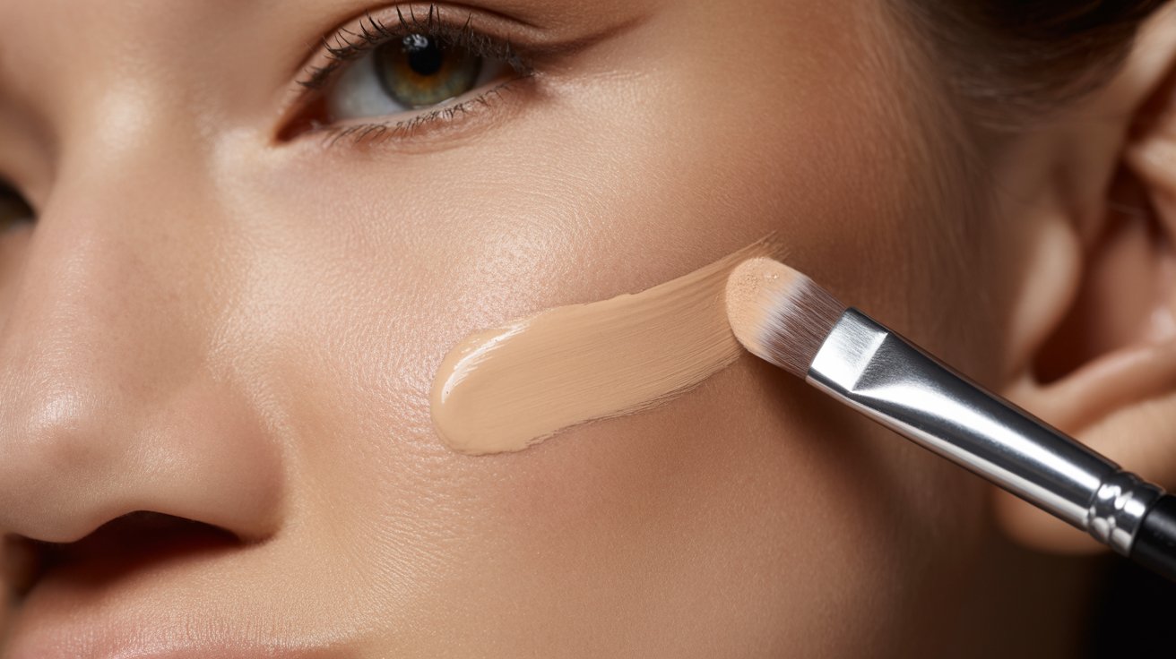 A woman applies foundation to her face using a makeup brush, focusing on achieving an even skin tone.