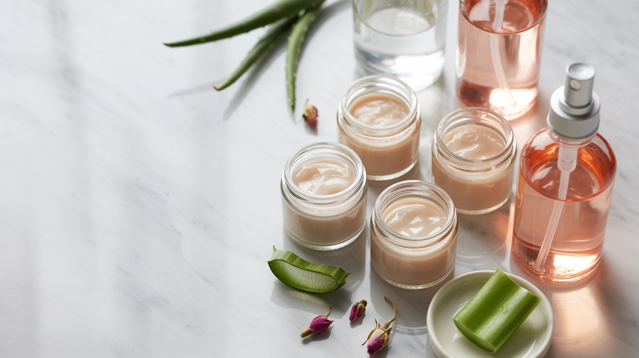 A table filled with multiple bottles of aloe vera and assorted skincare products for display.