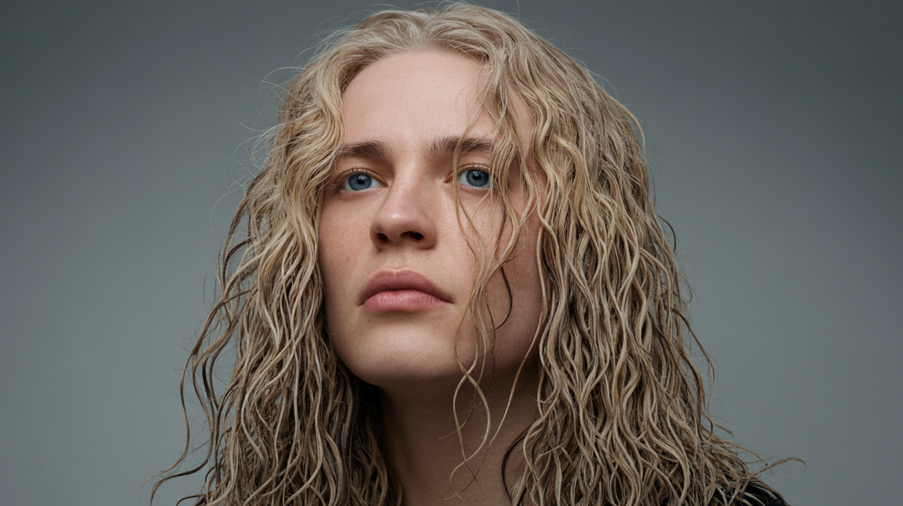 A woman with long blonde hair gazes thoughtfully to the side, her expression contemplative and serene.