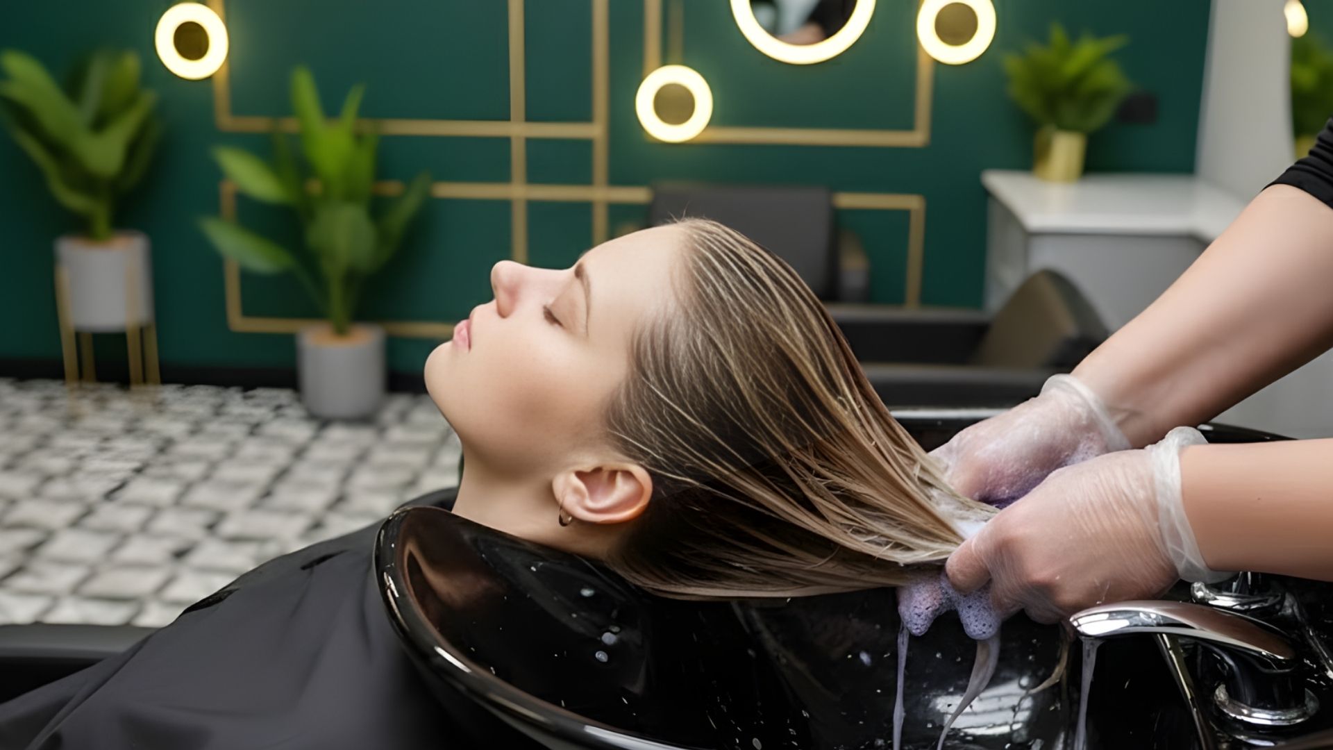 A woman relaxes as her hair is washed at a salon, with water flowing gently over her head.