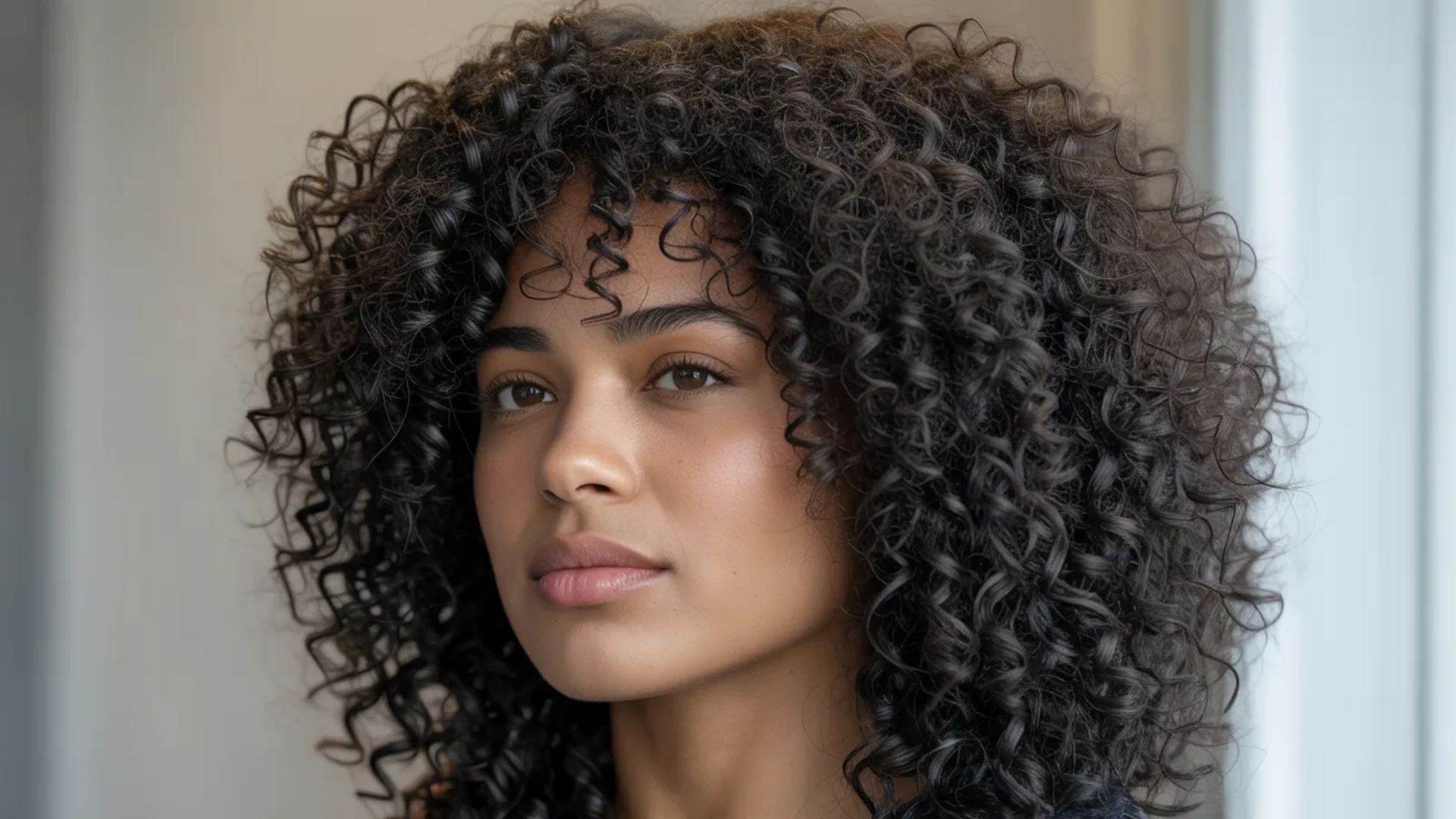 A woman with curly hair turns her head away from the camera, creating a contemplative and serene atmosphere.