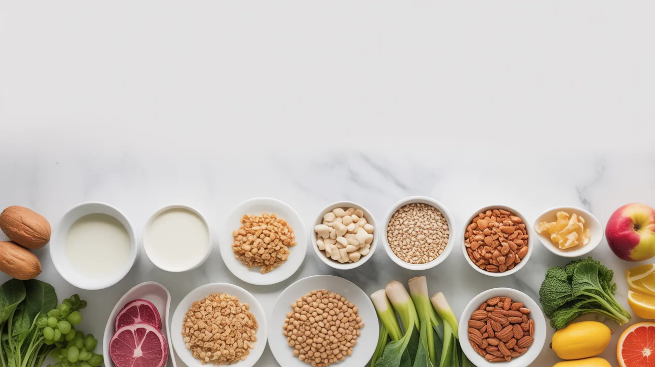 A colorful assortment of nuts, fruits, and vegetables displayed, illustrating a healthy diet for skin improvement.
