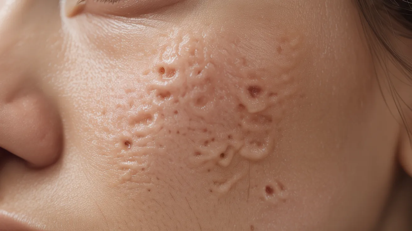A woman with acne on her face, contemplating skincare myths about cold water and its effect on pores.