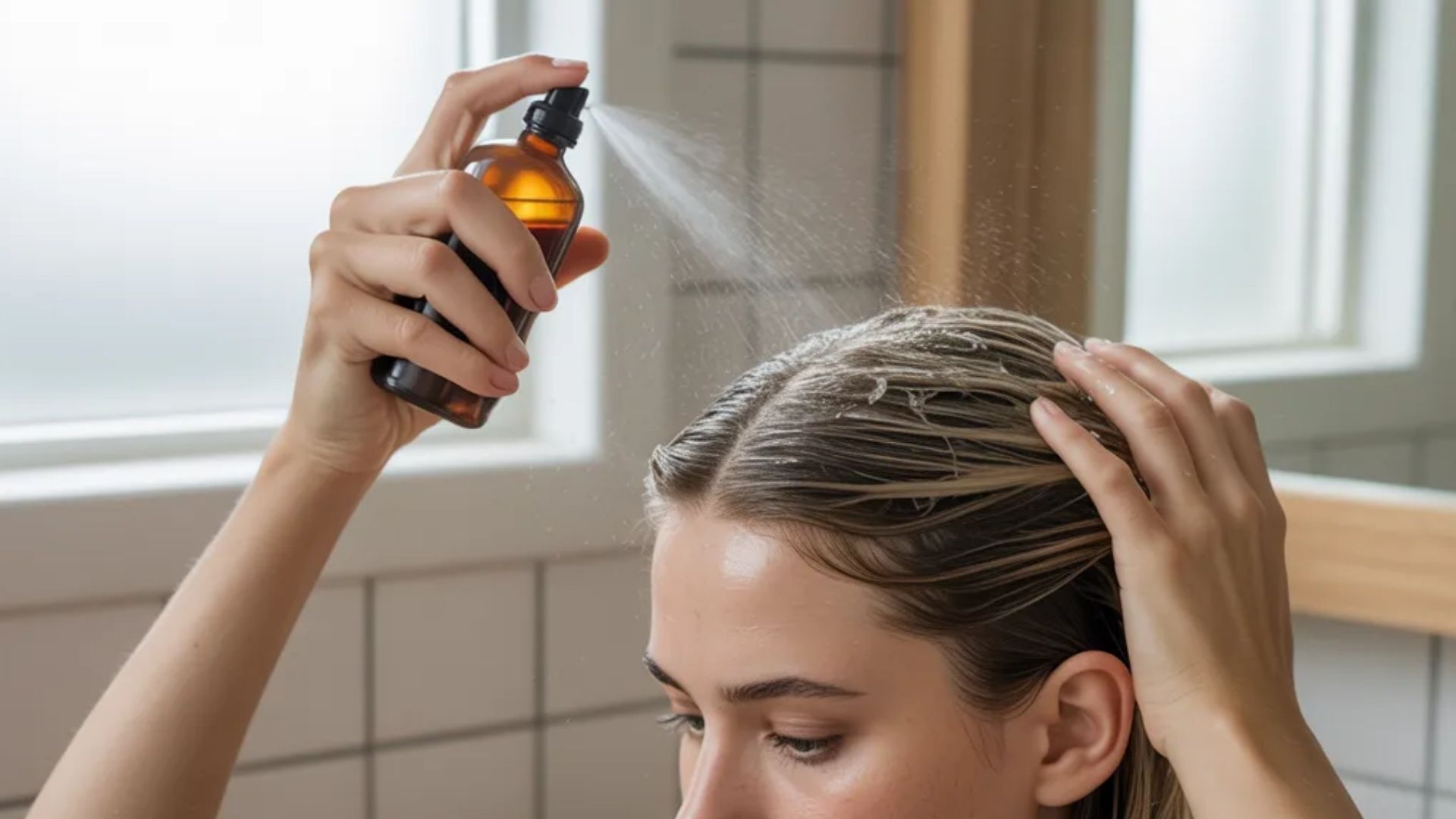 A woman applies ACV spray to her hair, refreshing her scalp and adding shine while controlling oil without rinsing.
