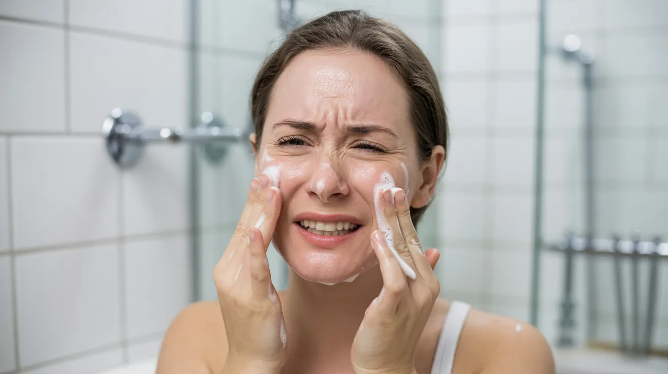 A woman applies facial cleanser to her face, showing signs of irritation from a recent burn.
