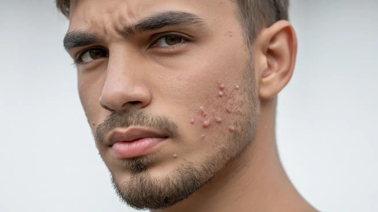 A man with acne prominently displayed on his jawline, highlighting skin texture and blemishes.