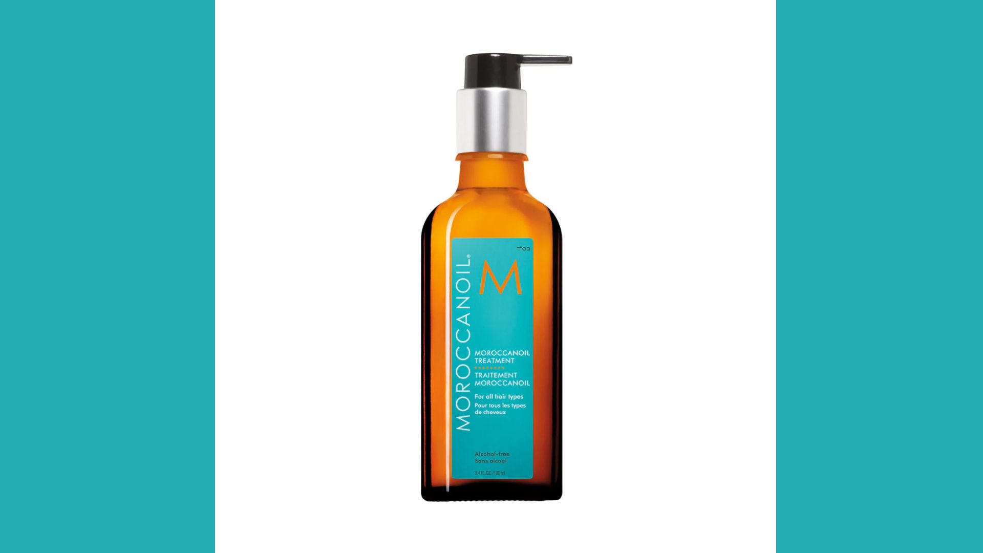 A bottle of Moroccan oil displayed against a vibrant blue background.