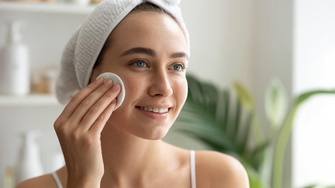 A woman applies a sponge to her face, demonstrating the correct order for skincare products like toner and serum.