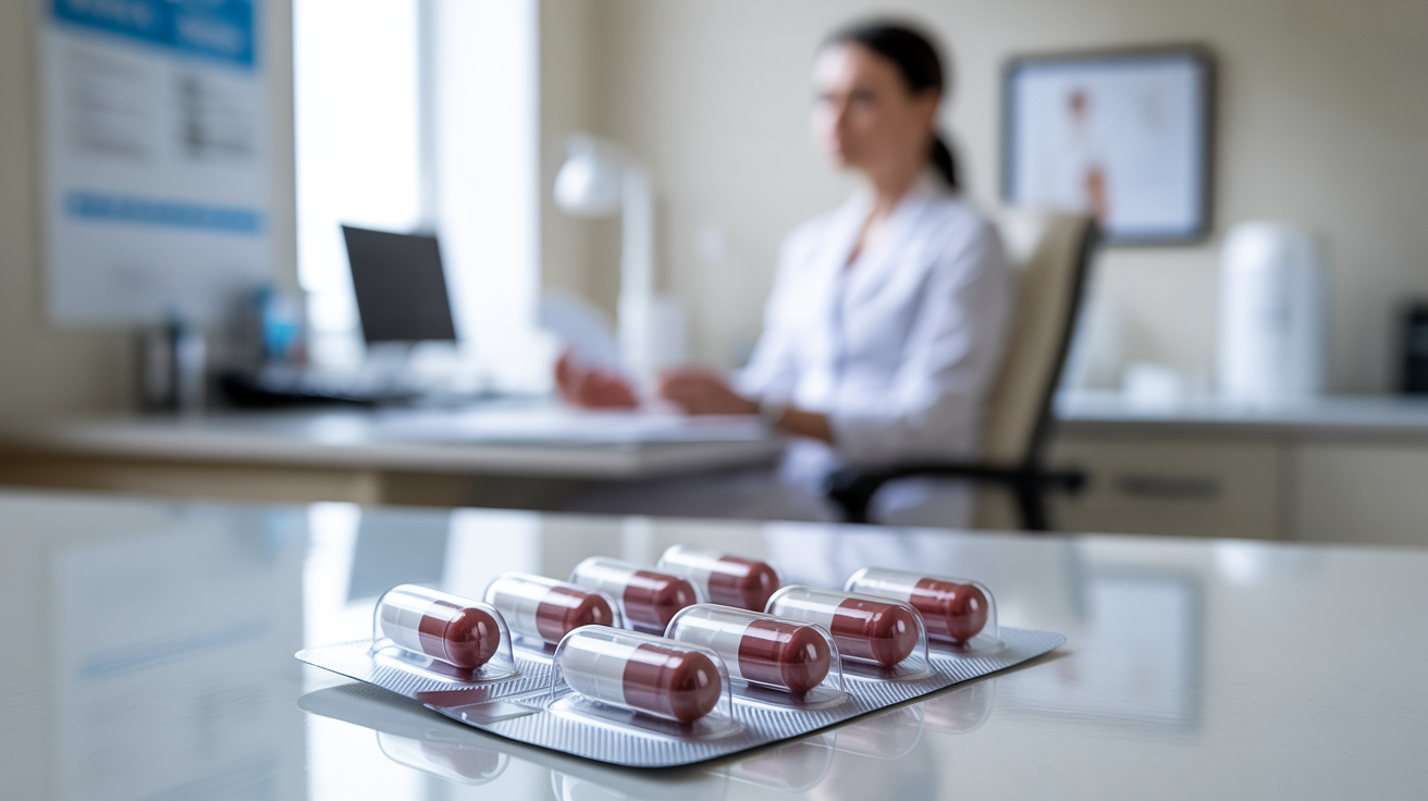 Blister pack of red capsules on a desk in a clinical setting with a blurred female healthcare professional working in the background