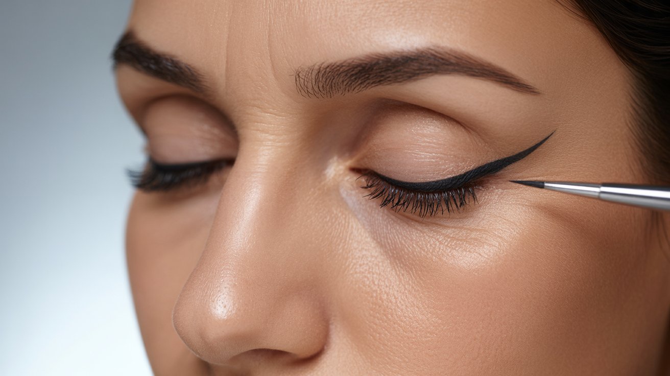 A woman with long eyelashes sits calmly as a makeup artist applies her eyeliner.