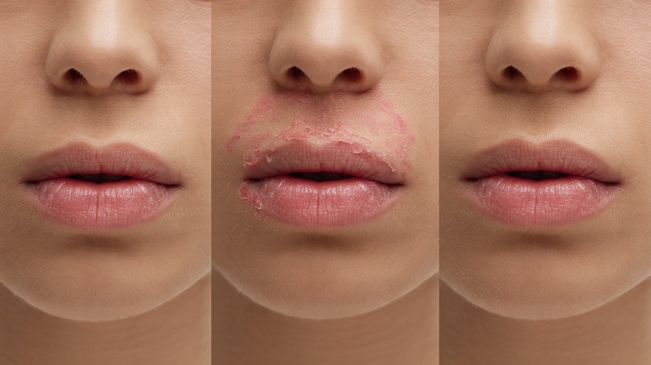 A woman with a noticeable red mark on her lips, looking directly at the camera with a neutral expression.