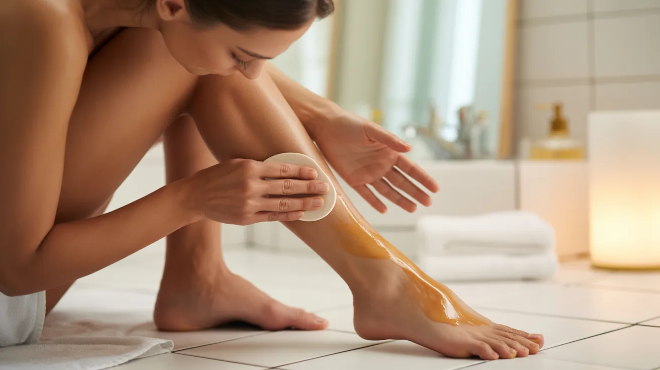 A woman is using a razor to shave her legs in a bathroom setting.